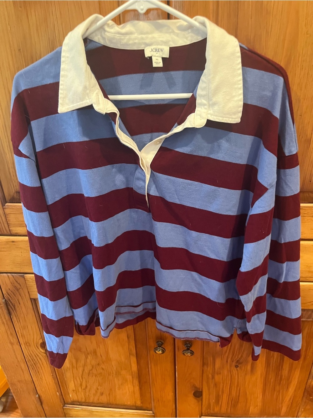 J. Crew ladies Stripe Rugby Shirt in Light Blue and Burgundy